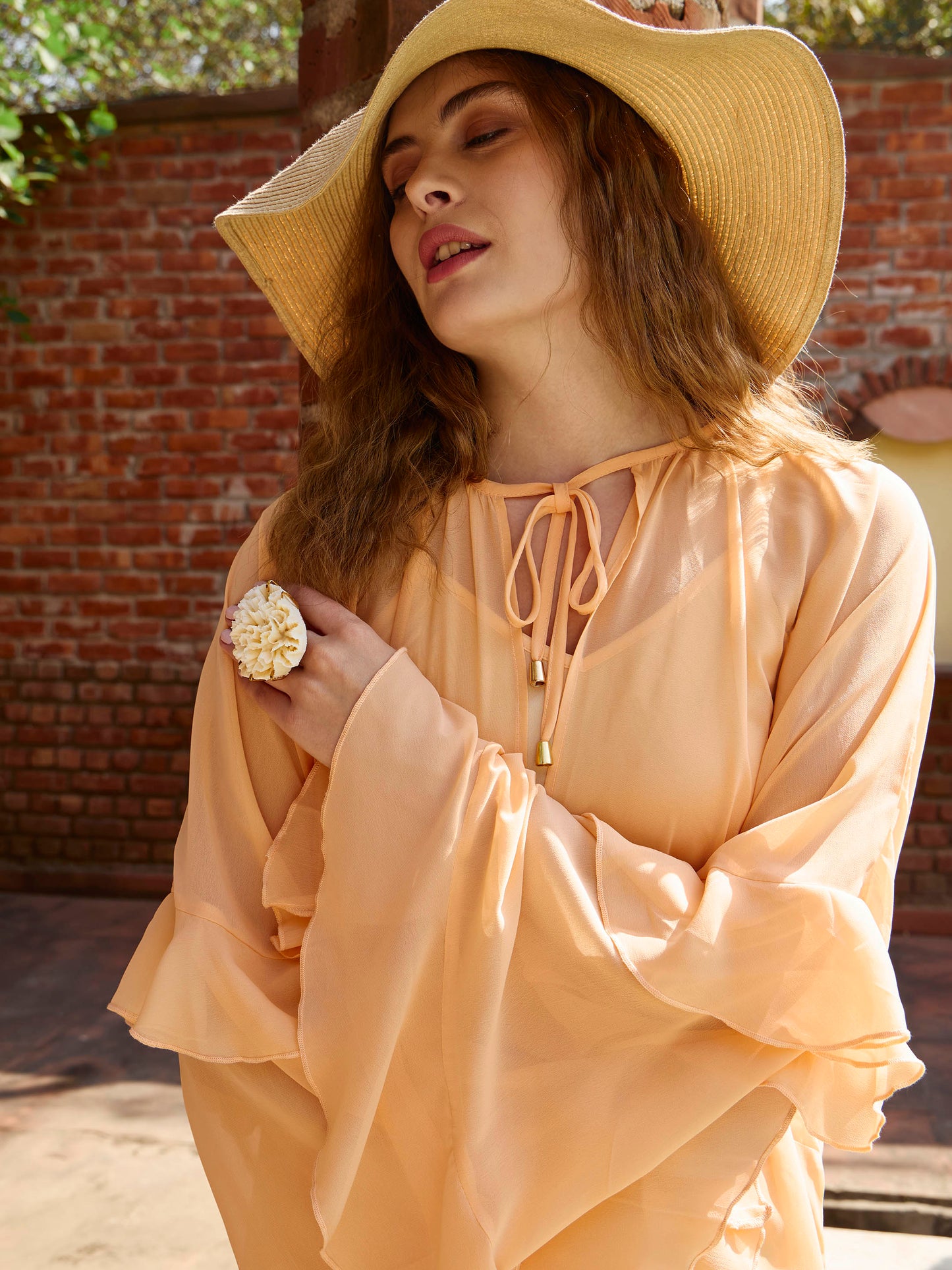 Women Peach Solid Loose Fit Maxi Dress