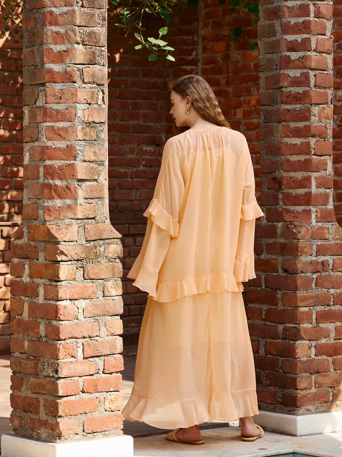 Women Peach Solid Loose Fit Maxi Dress