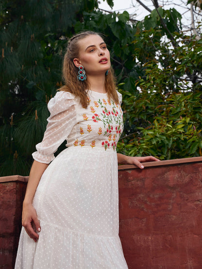 Women White Dobby Tiered Midi Dress