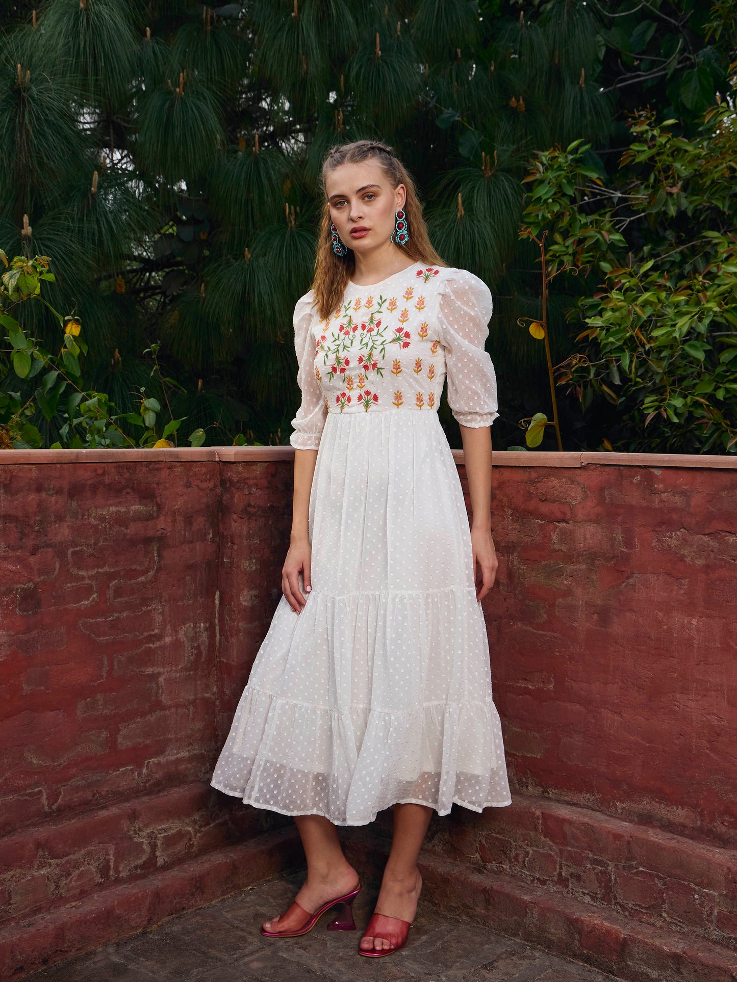 Women White Dobby Tiered Midi Dress