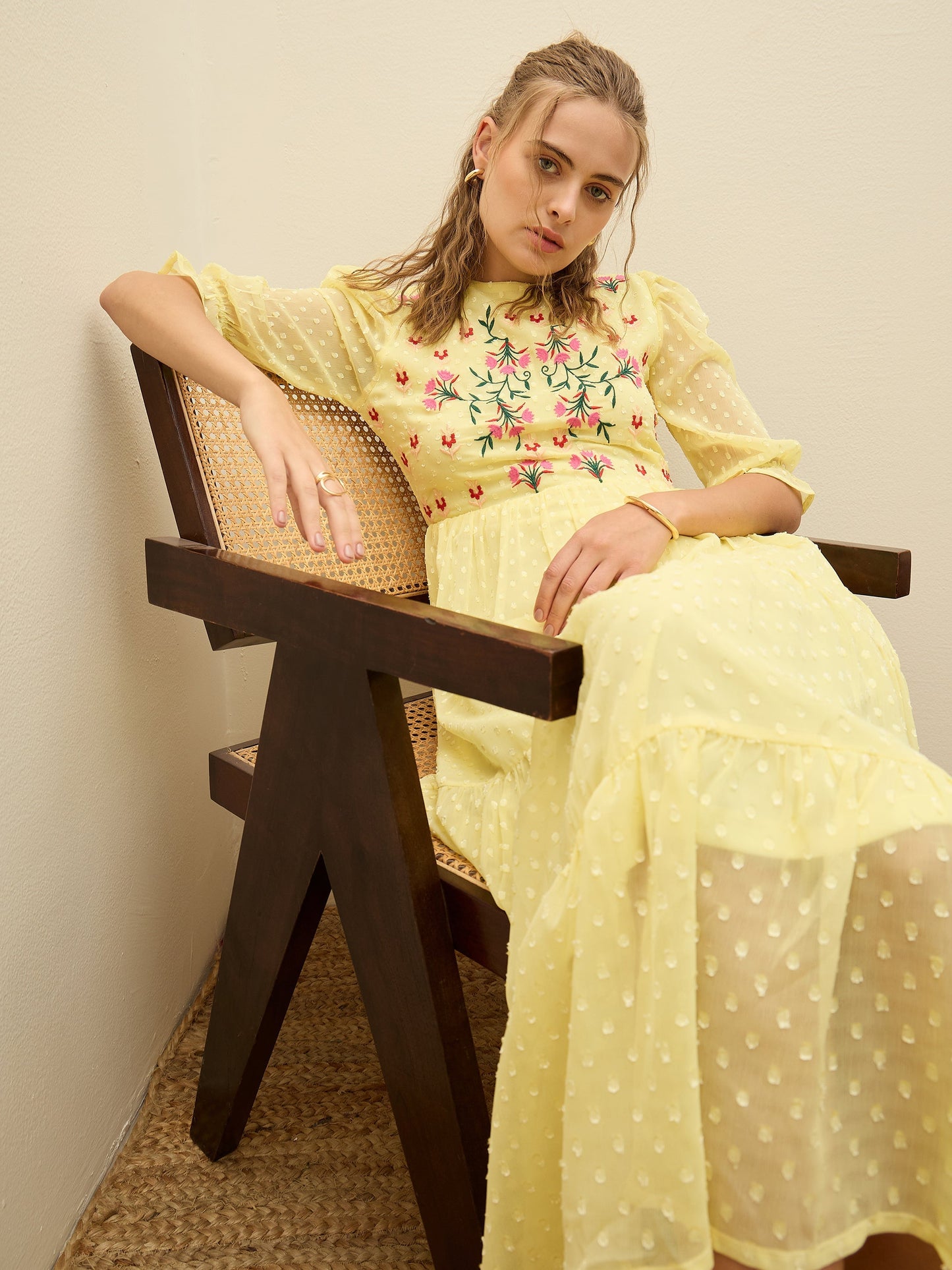 Women Yellow Dobby Tiered Midi Dress