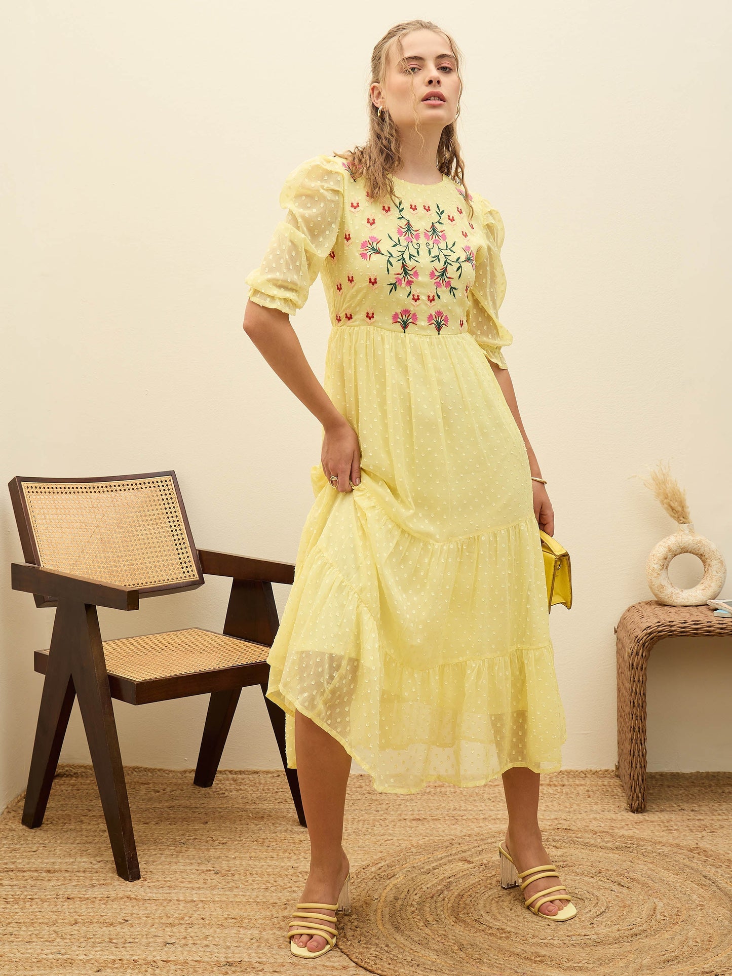 Women Yellow Dobby Tiered Midi Dress