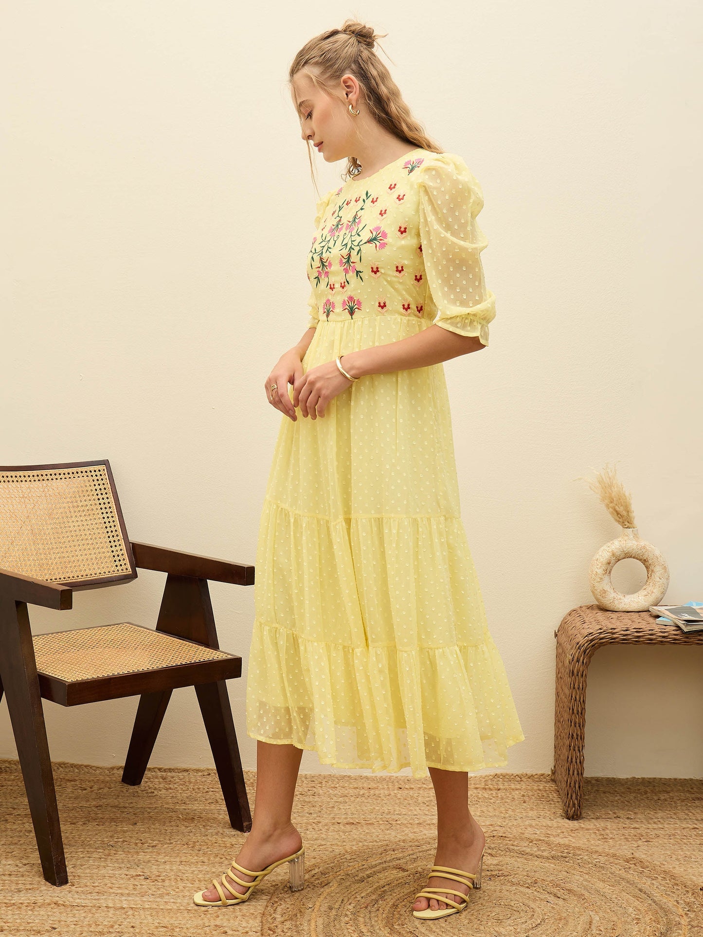 Women Yellow Dobby Tiered Midi Dress