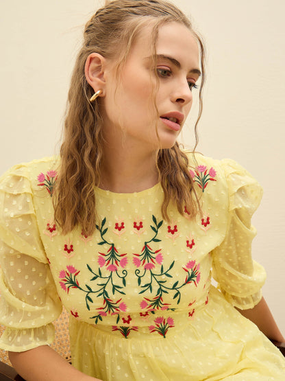 Women Yellow Dobby Tiered Midi Dress