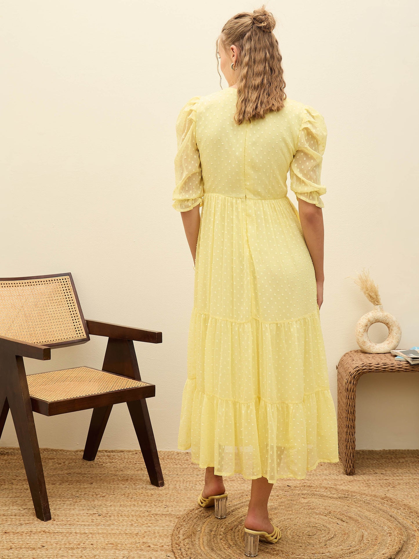 Women Yellow Dobby Tiered Midi Dress