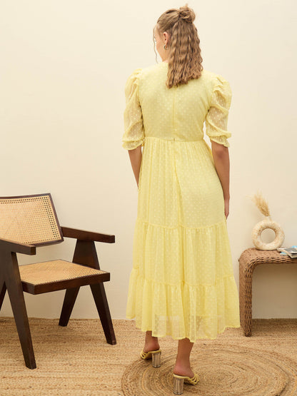 Women Yellow Dobby Tiered Midi Dress