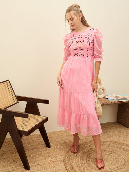 Women Pink Dobby Tiered Midi Dress