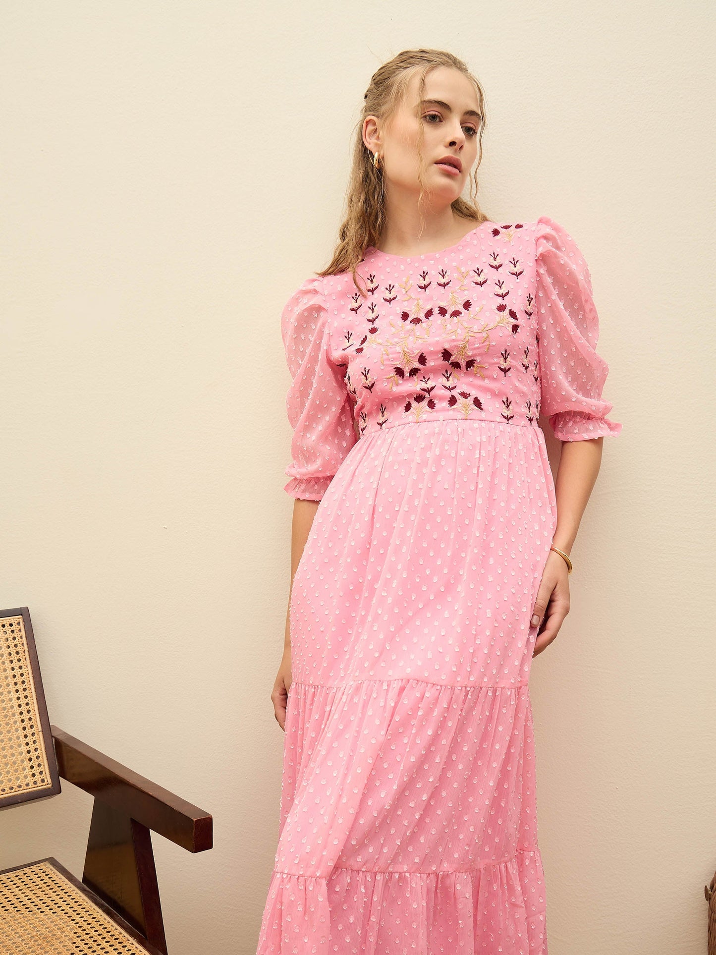 Women Pink Dobby Tiered Midi Dress