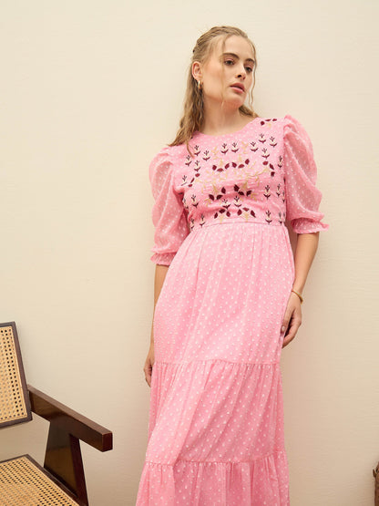 Women Pink Dobby Tiered Midi Dress