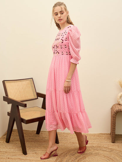 Women Pink Dobby Tiered Midi Dress