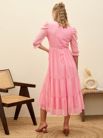 Women Pink Dobby Tiered Midi Dress