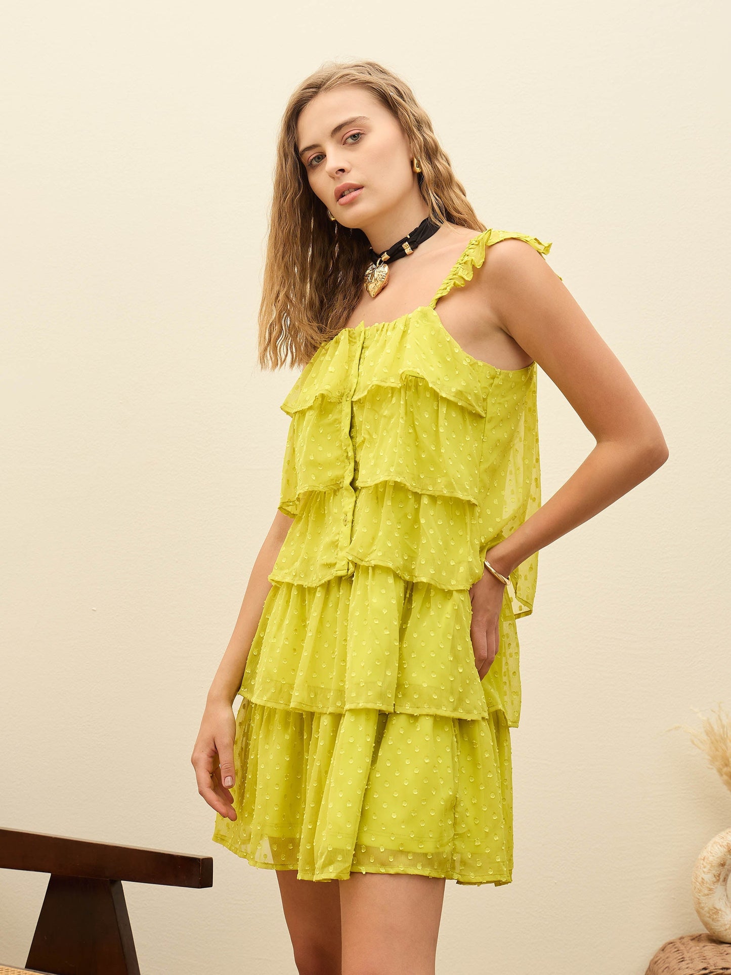 Women Green Dobby Ruffle Short Dress