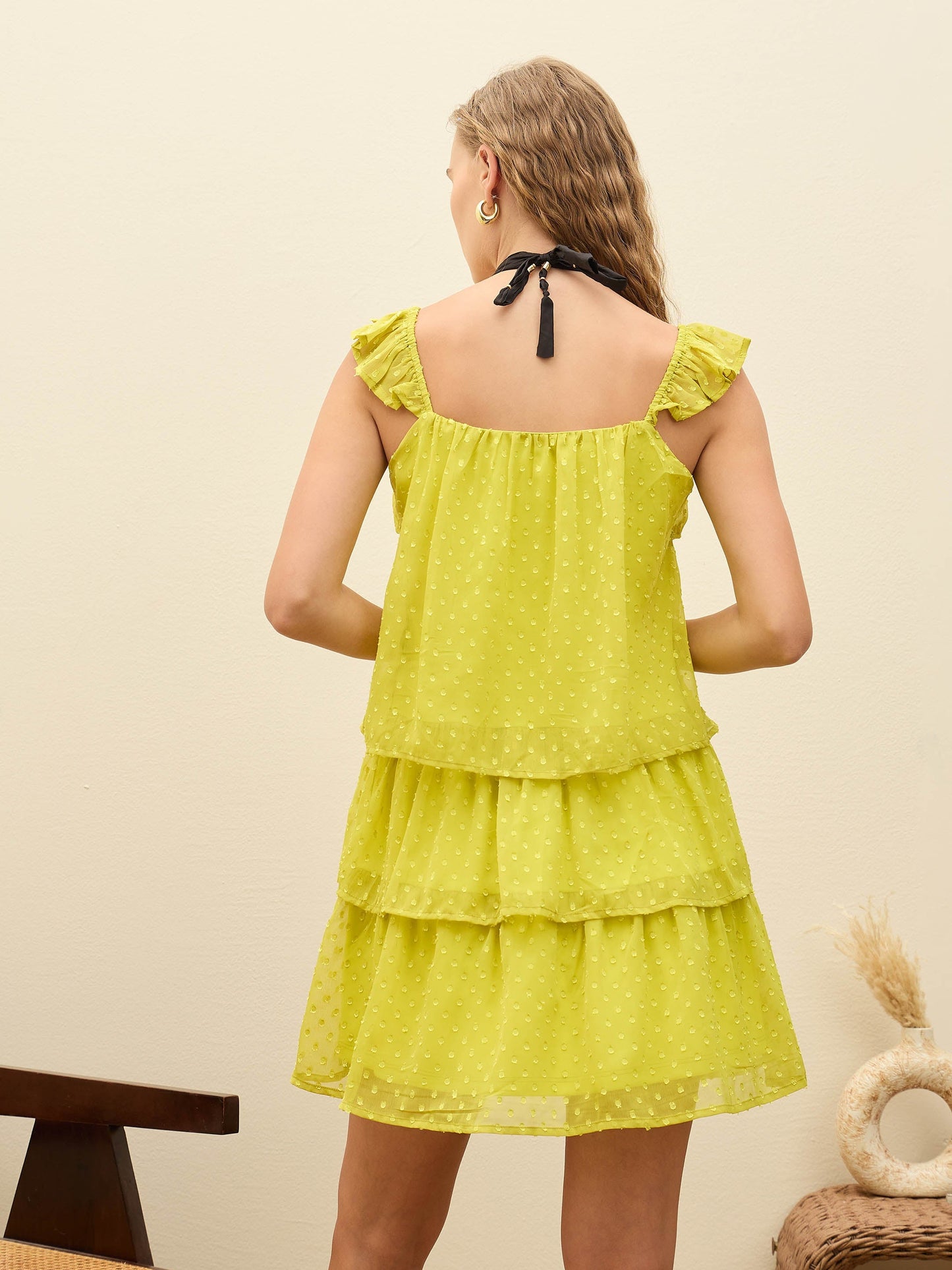 Women Green Dobby Ruffle Short Dress