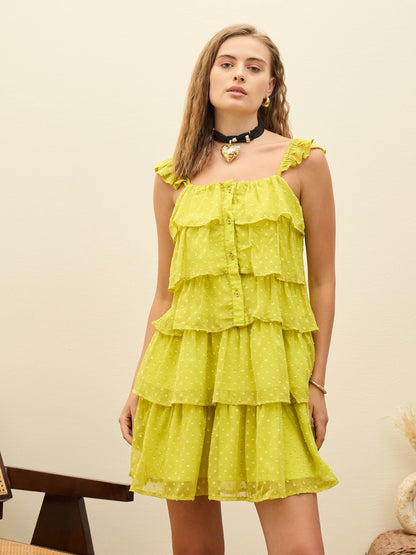 Women Green Dobby Ruffle Short Dress