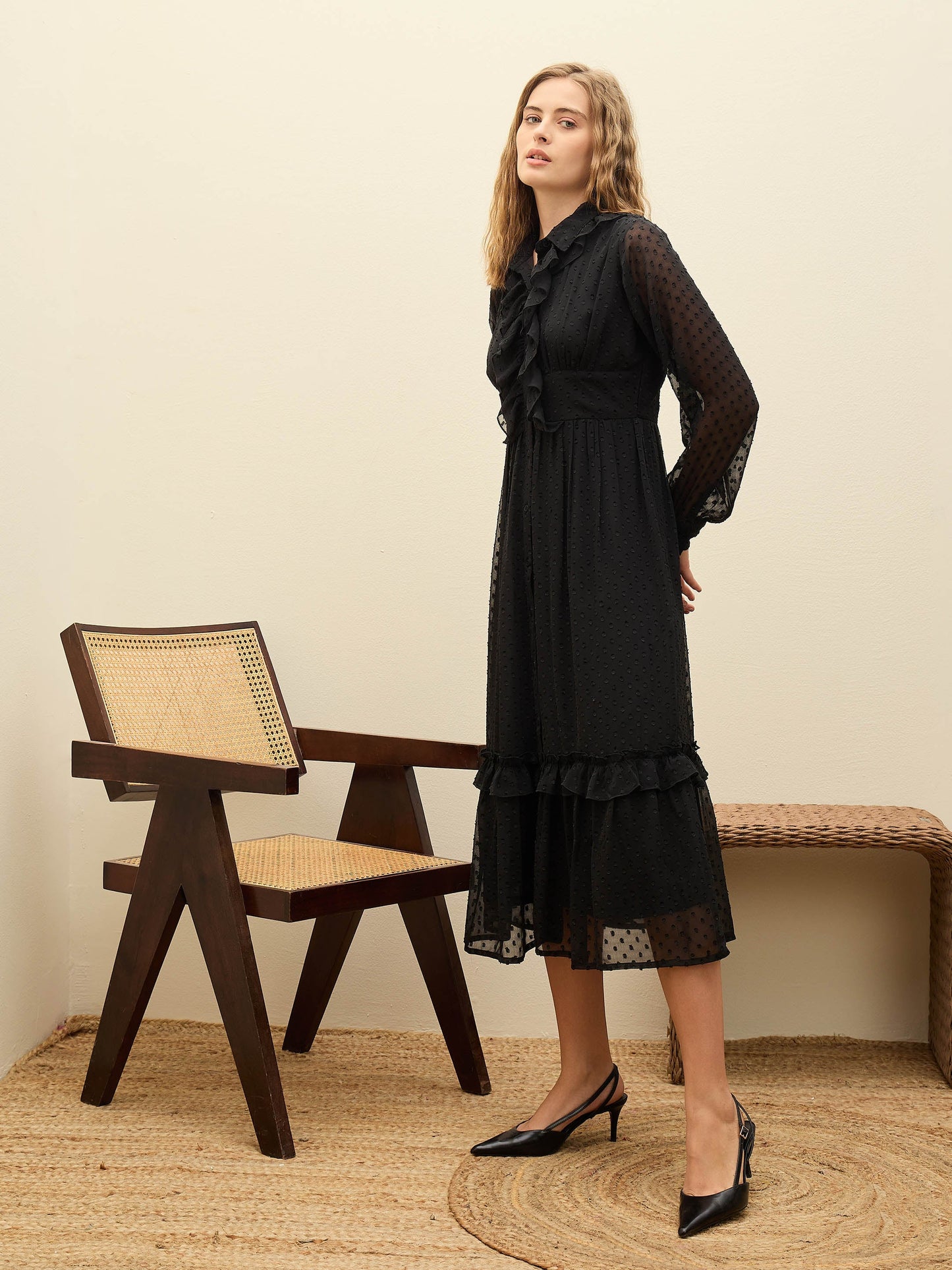 Women Black Dobby Puff Sleeve Midi Dress