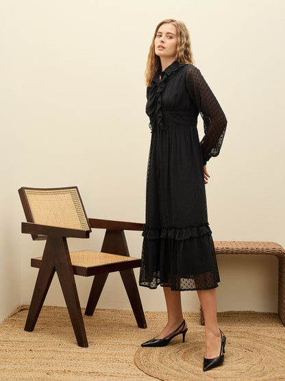 Women Black Dobby Puff Sleeve Midi Dress