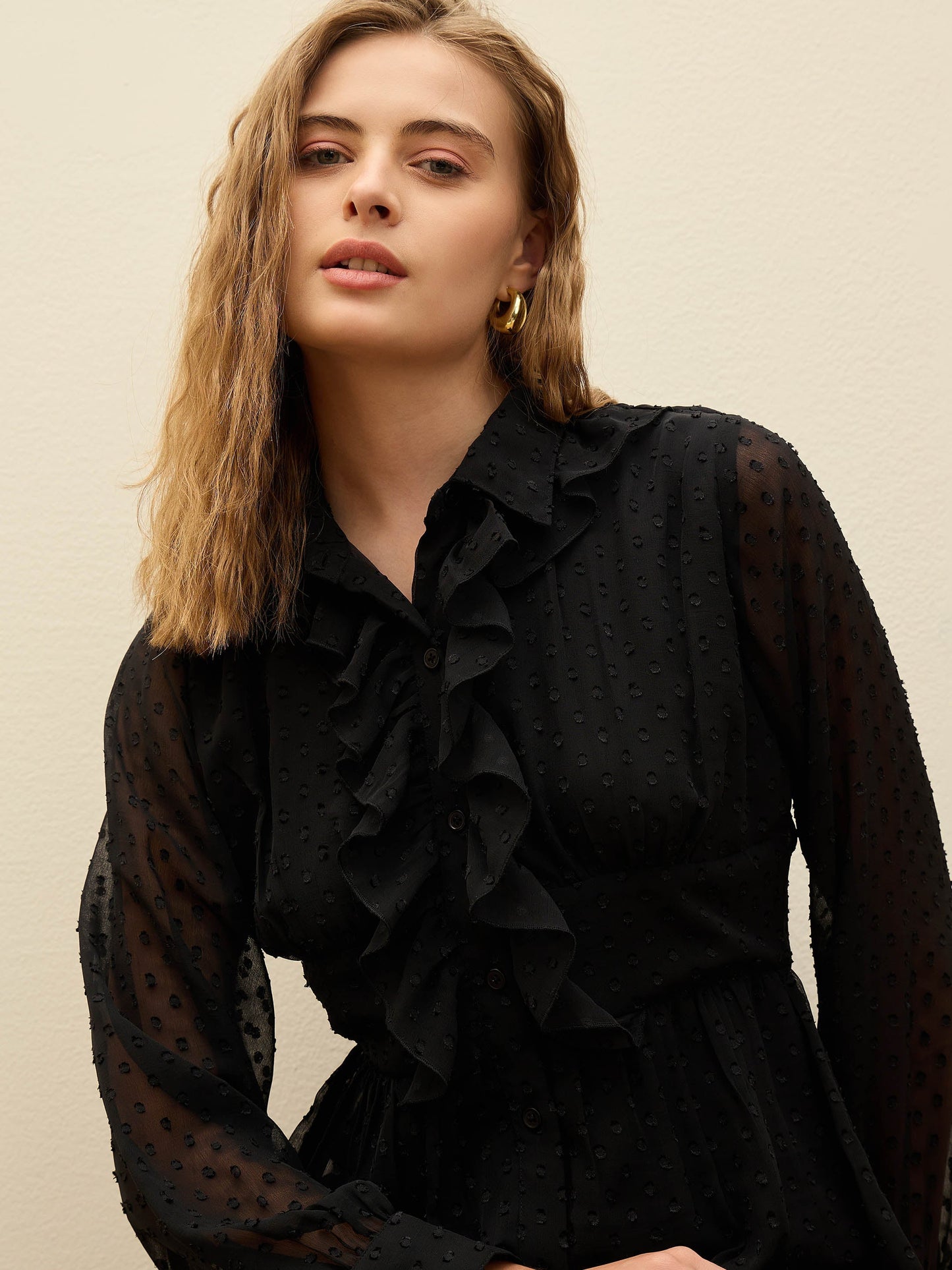 Women Black Dobby Puff Sleeve Midi Dress