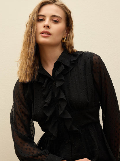 Women Black Dobby Puff Sleeve Midi Dress