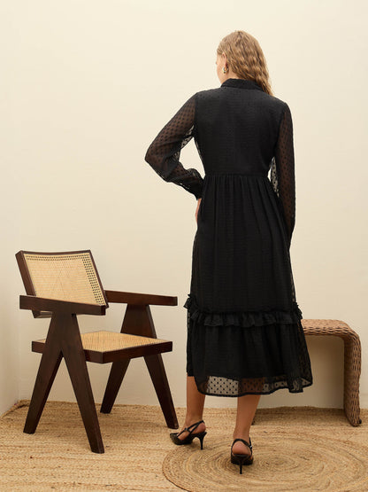 Women Black Dobby Puff Sleeve Midi Dress