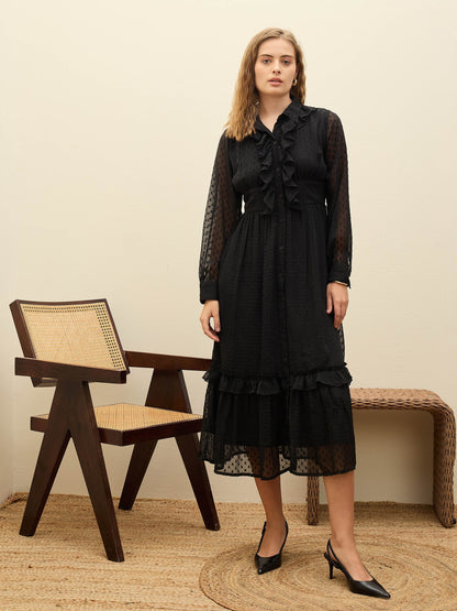 Women Black Dobby Puff Sleeve Midi Dress