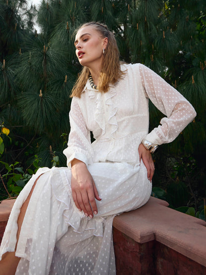 Women Green Dobby Puff Sleeve Midi Dress