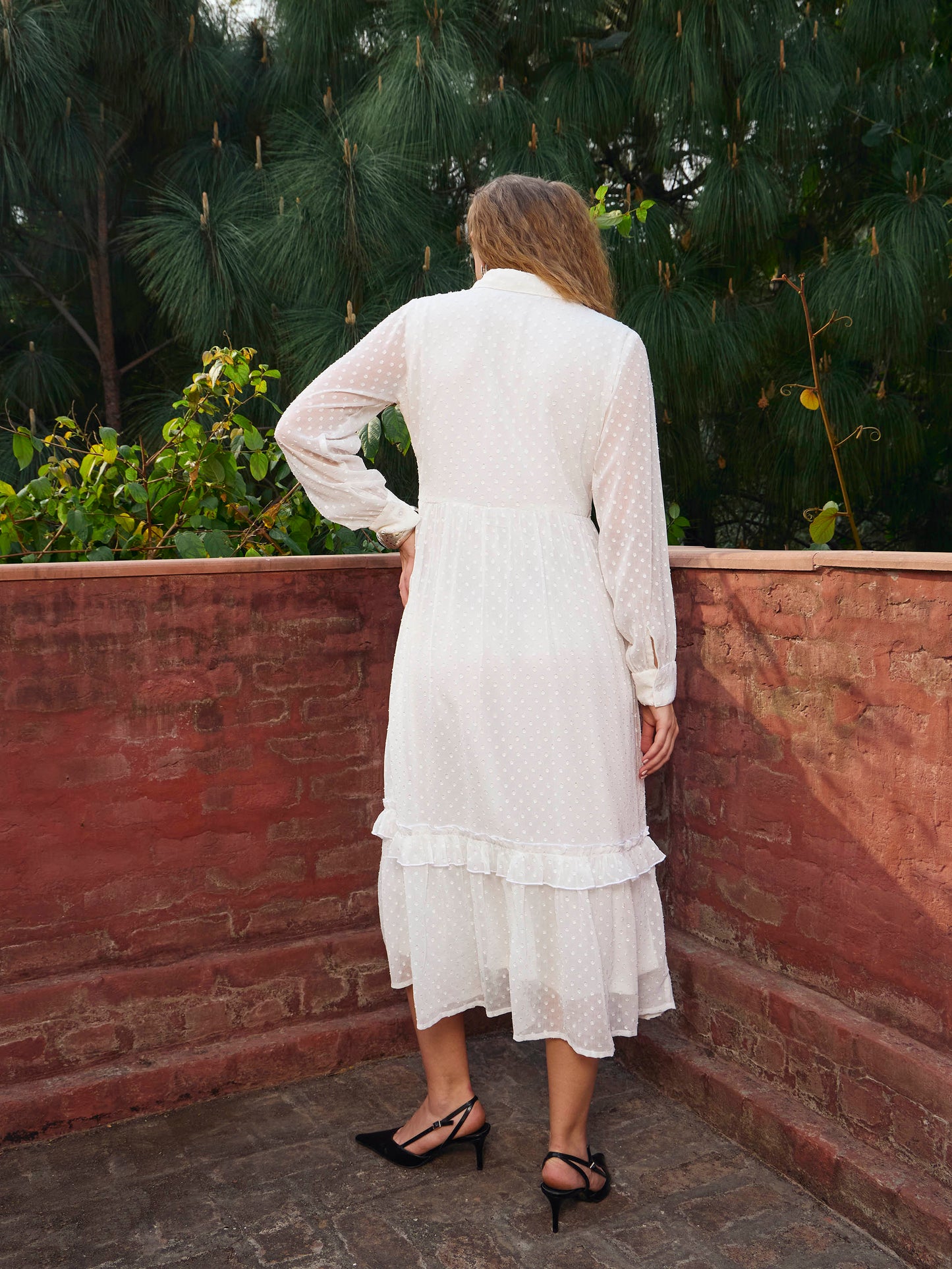 Women Green Dobby Puff Sleeve Midi Dress