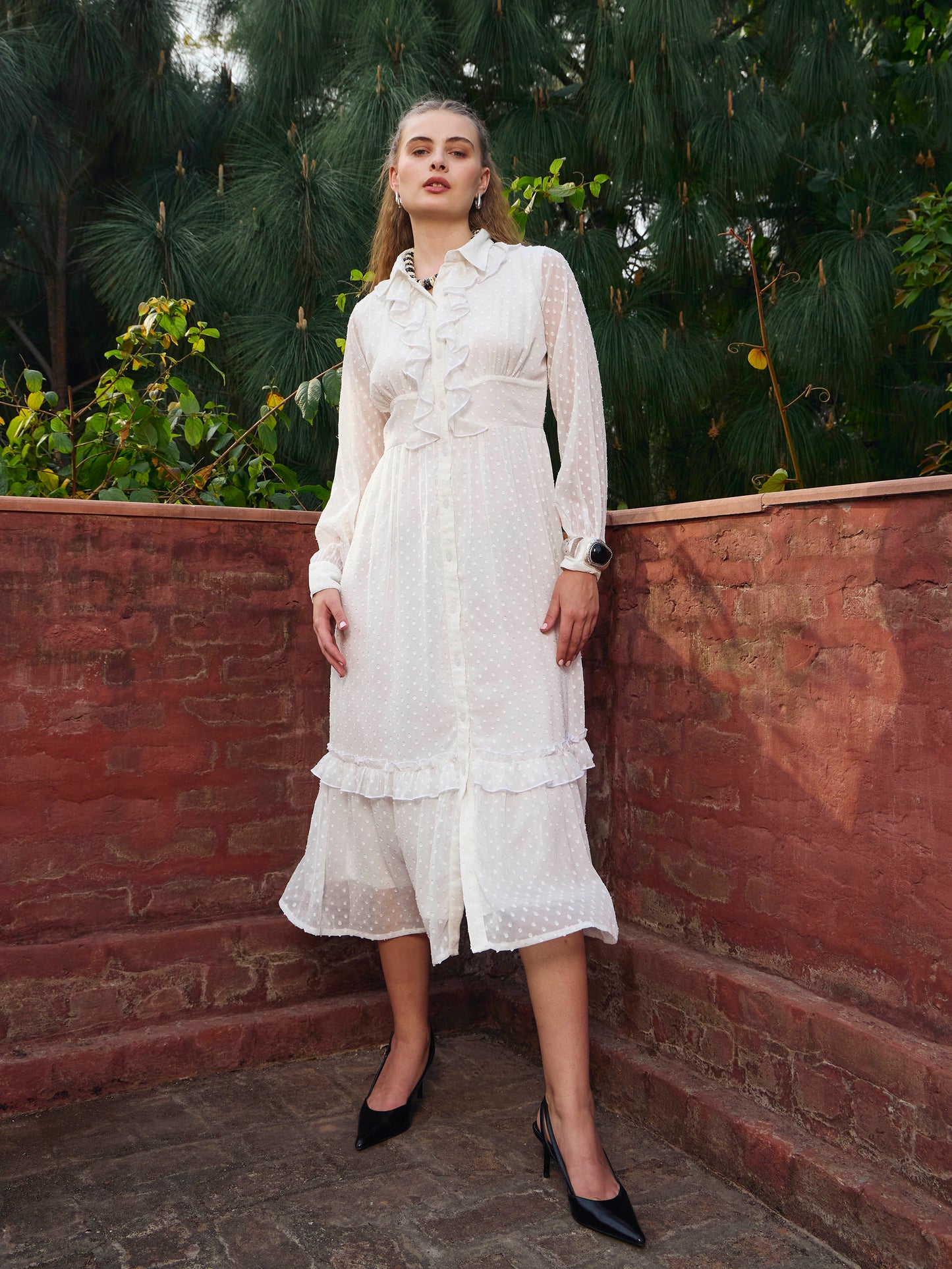 Women Green Dobby Puff Sleeve Midi Dress