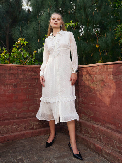 Women Green Dobby Puff Sleeve Midi Dress