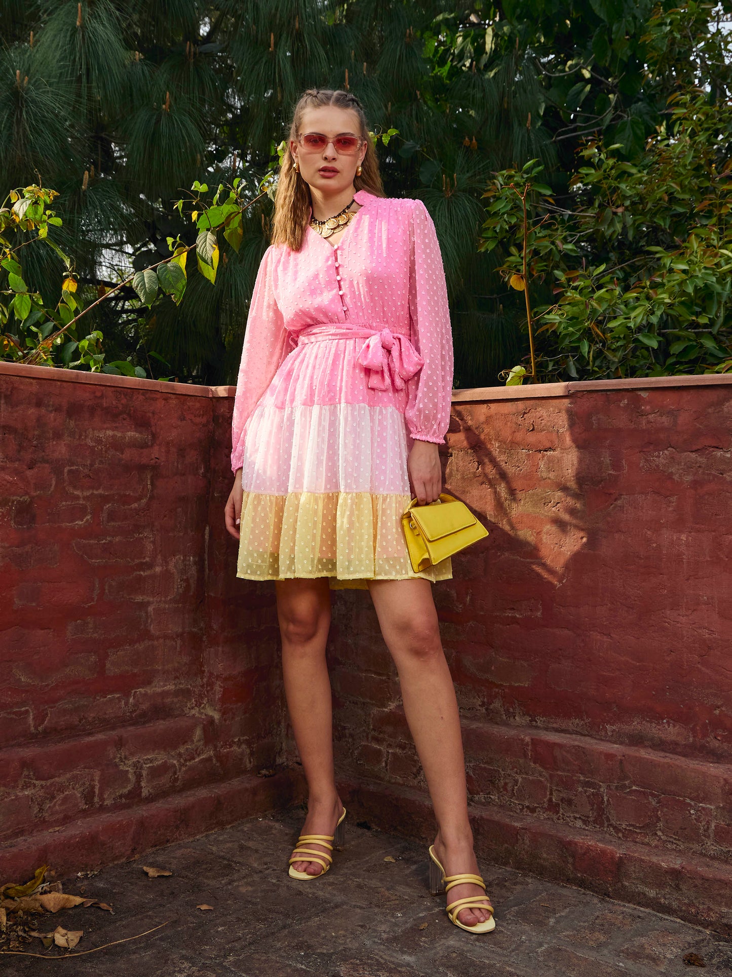 Women Pink Dobby Color Blocking Tiered Short Dress