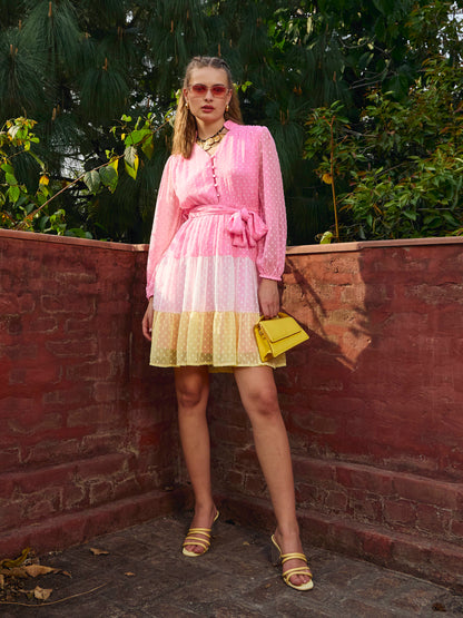 Women Pink Dobby Color Blocking Tiered Short Dress