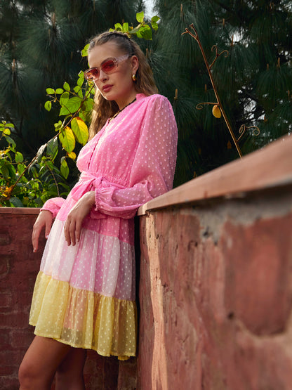 Women Pink Dobby Color Blocking Tiered Short Dress