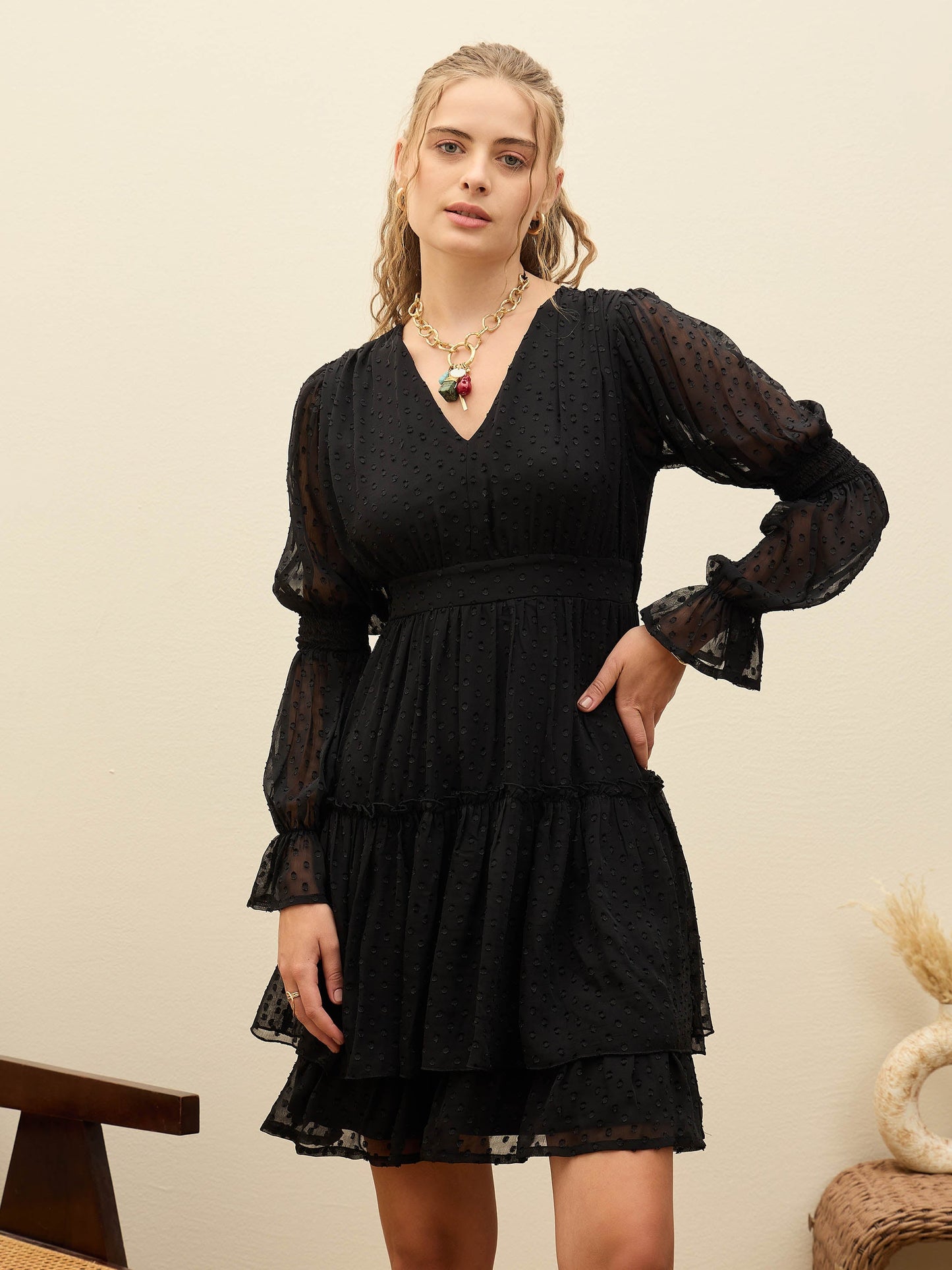 Women Black Dobby V-Neck Short Dress