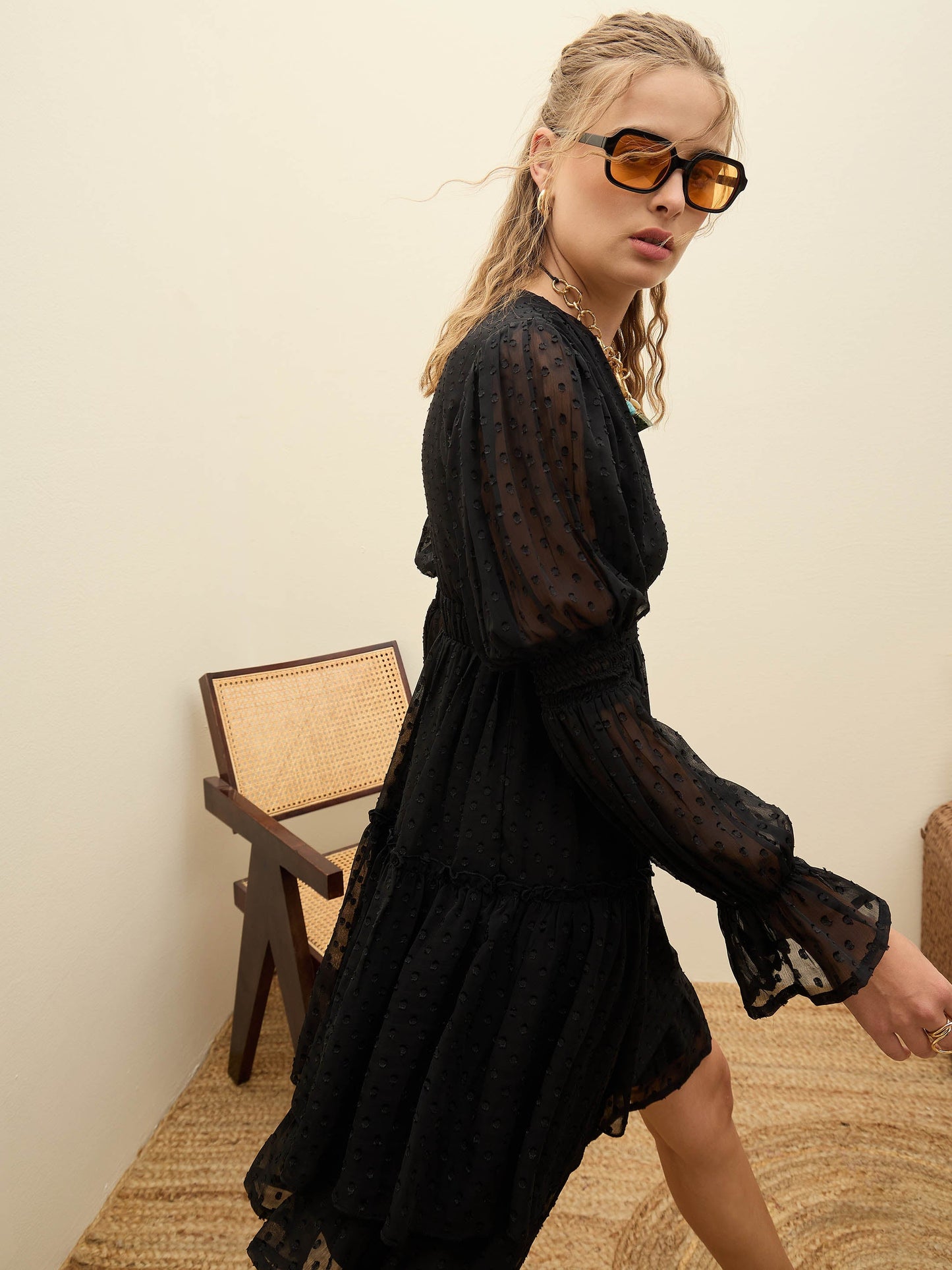 Women Black Dobby V-Neck Short Dress