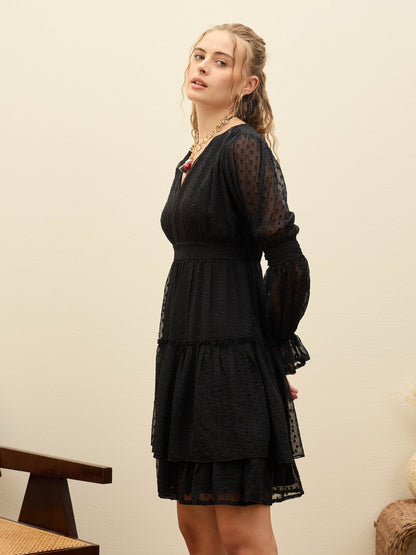 Women Black Dobby V-Neck Short Dress