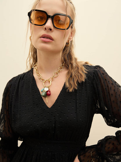 Women Black Dobby V-Neck Short Dress