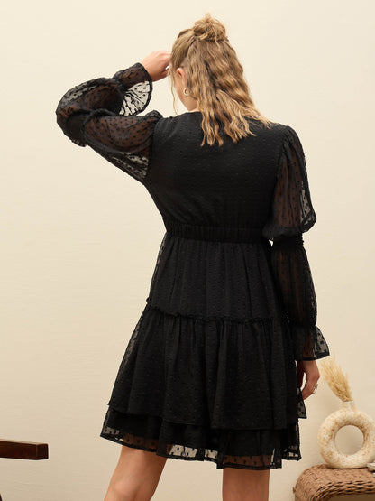 Women Black Dobby V-Neck Short Dress