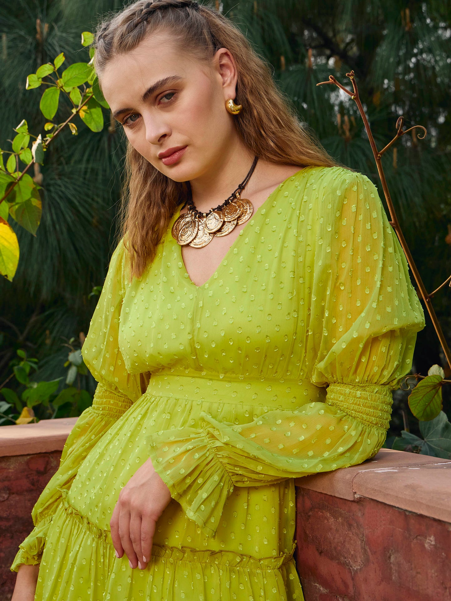 Women Green Dobby V-Neck Short Dress