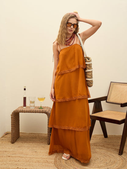 Women Rust Frill Strappy Maxi Dress