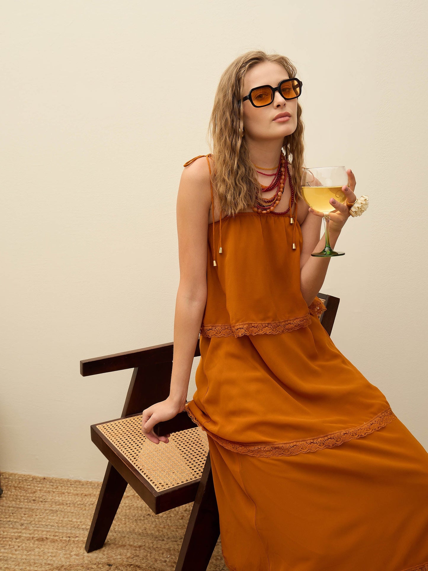 Women Rust Frill Strappy Maxi Dress
