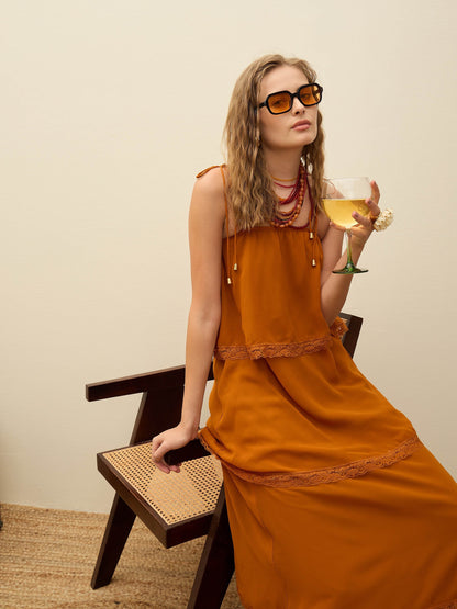 Women Rust Frill Strappy Maxi Dress