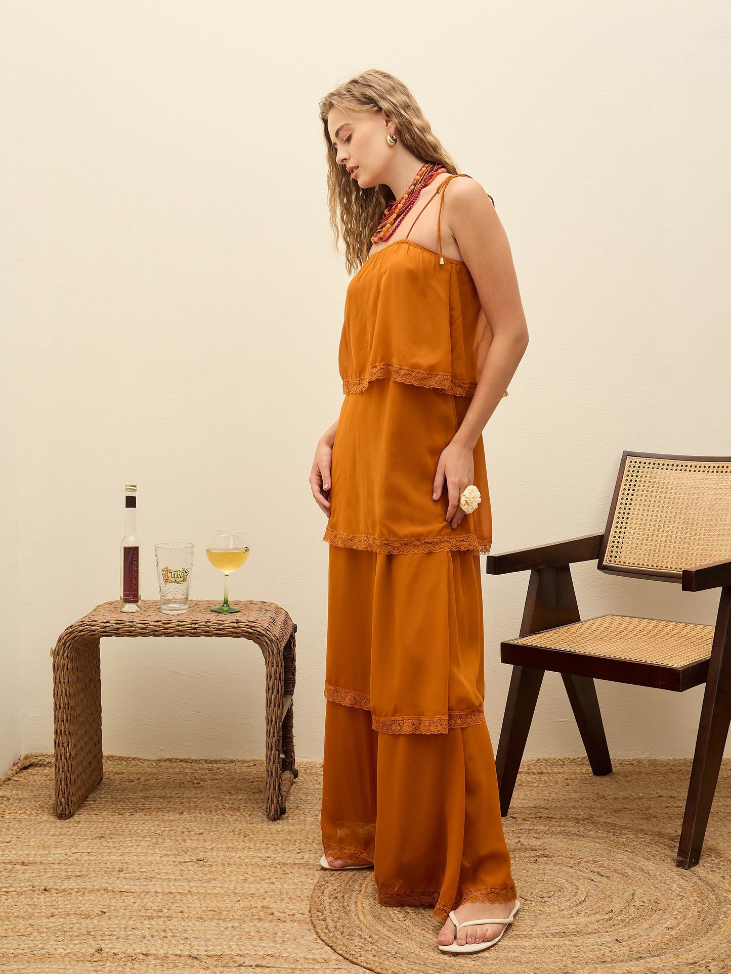 Women Rust Frill Strappy Maxi Dress
