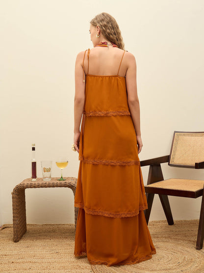 Women Rust Frill Strappy Maxi Dress