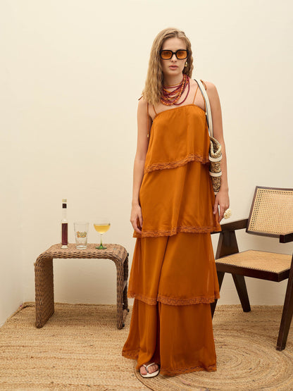 Women Rust Frill Strappy Maxi Dress