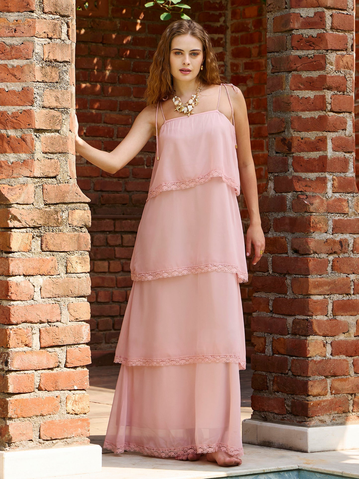 Women Peach Frill Strappy Maxi Dress