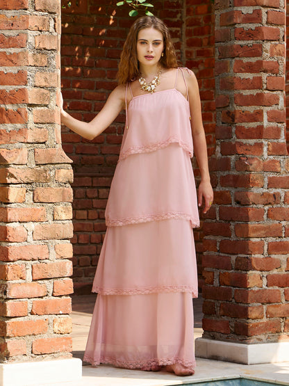 Women Peach Frill Strappy Maxi Dress