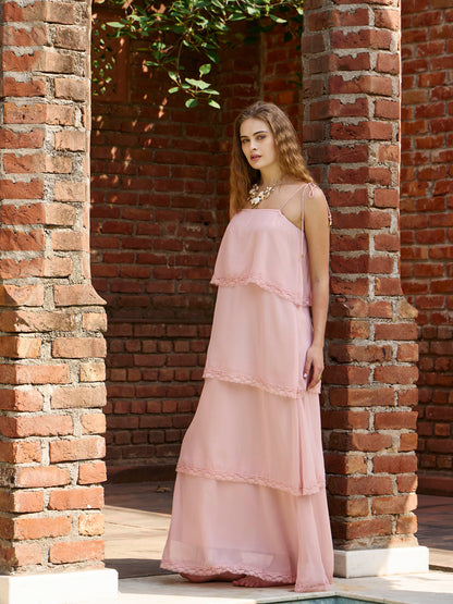 Women Peach Frill Strappy Maxi Dress