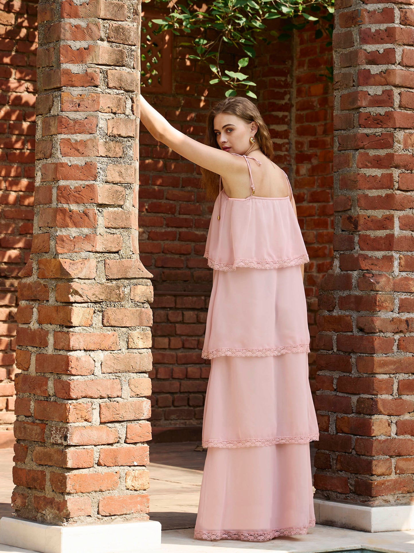 Women Peach Frill Strappy Maxi Dress