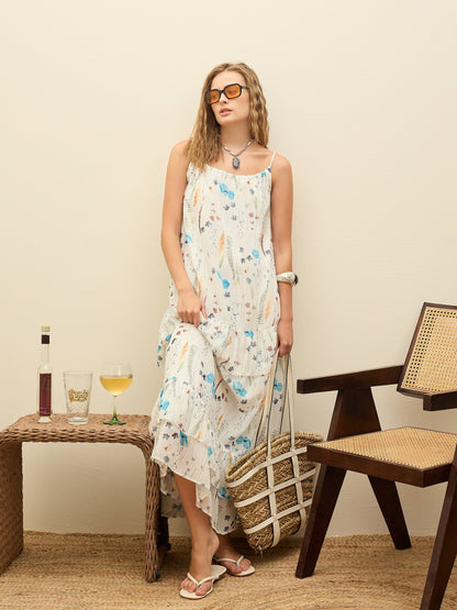 Women White Ditsy Floral Strappy Maxi Dress