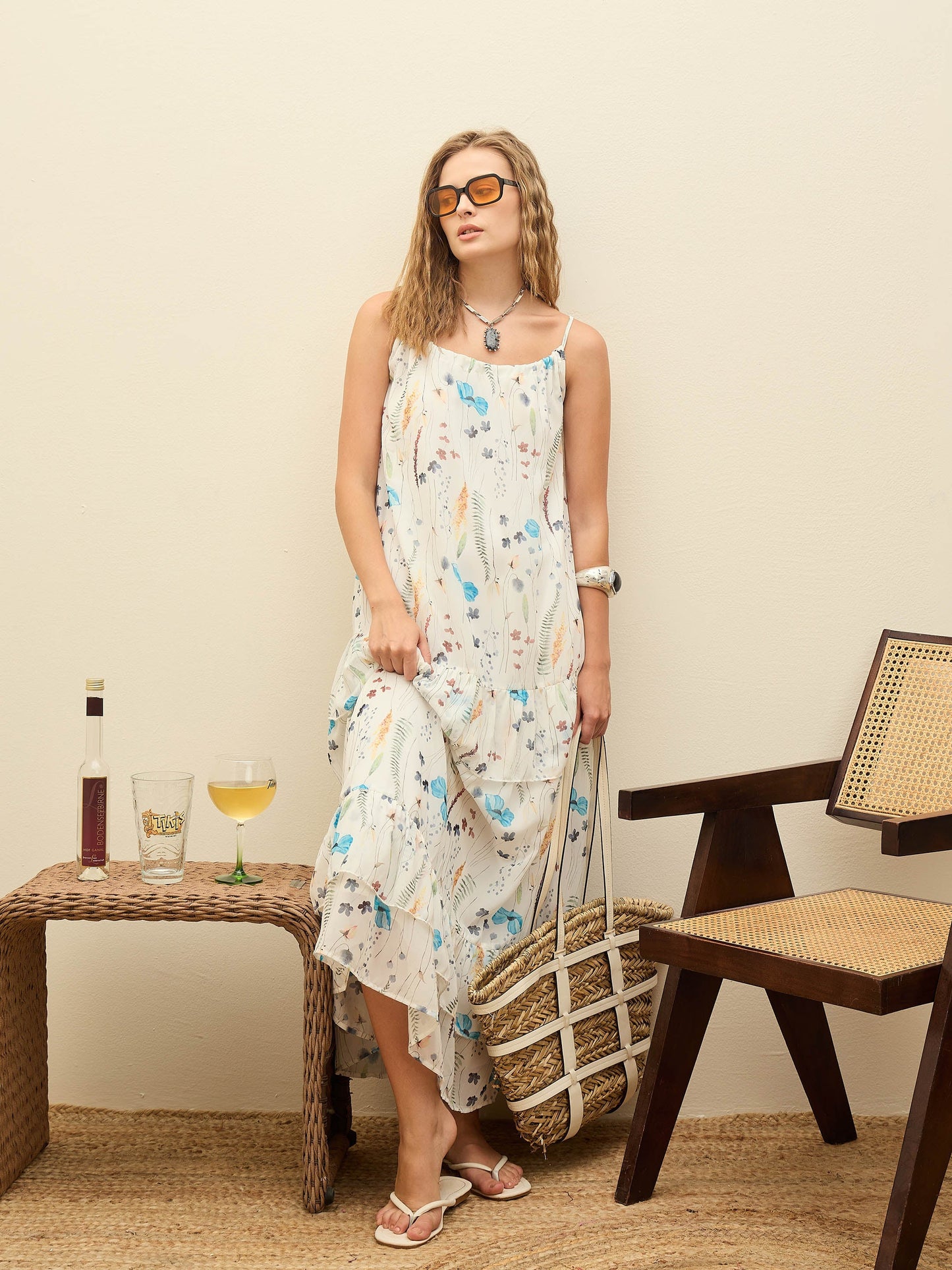 Women White Ditsy Floral Strappy Maxi Dress