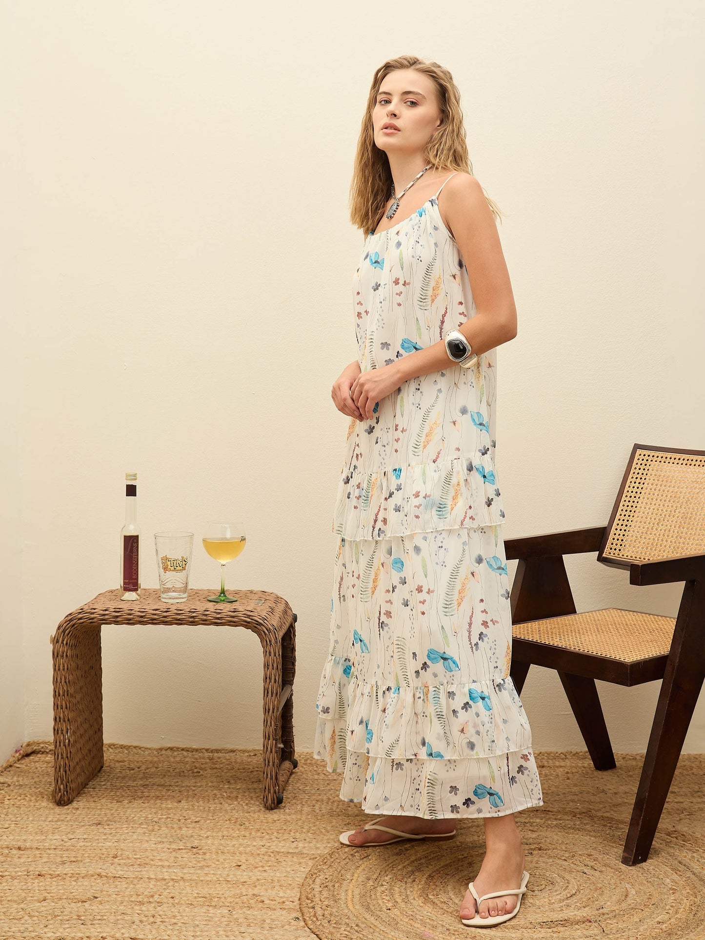 Women White Ditsy Floral Strappy Maxi Dress